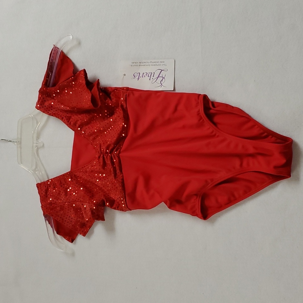 Liberty Red with Sequin and ruffled Cap Sleeves Girl's Leotard size Medium